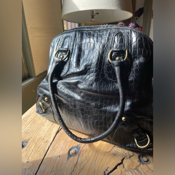 Banana Republic Handbags - Banana Republic Leather Satchel Bag in Black Crocodile Pattern Brass Details